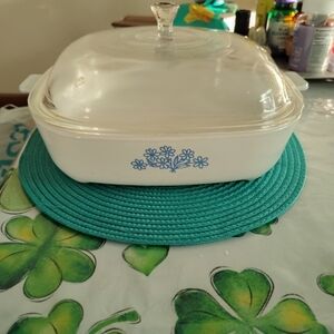 Corelle White Casserole Dish with Glass Lid and Blue Floral Design